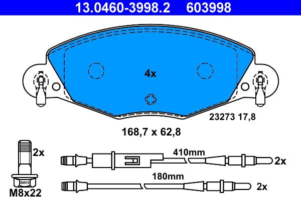 ATE 13.0460-3998.2 - Тормозные колодки, дисковые, комплект autospares.lv