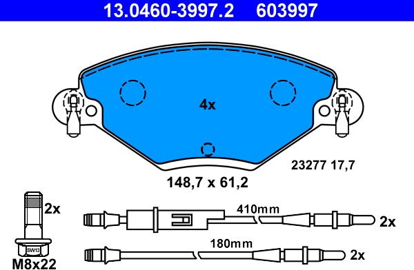 ATE 13.0460-3997.2 - Тормозные колодки, дисковые, комплект autospares.lv