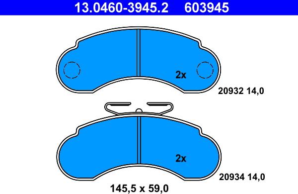ATE 13.0460-3945.2 - Тормозные колодки, дисковые, комплект autospares.lv
