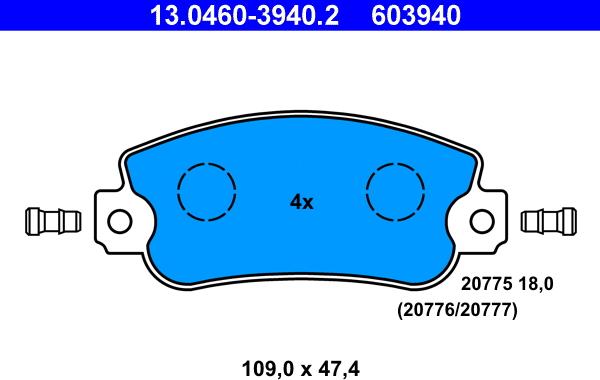 ATE 13.0460-3940.2 - Тормозные колодки, дисковые, комплект autospares.lv