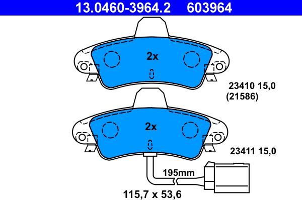 ATE 13.0460-3964.2 - Тормозные колодки, дисковые, комплект autospares.lv