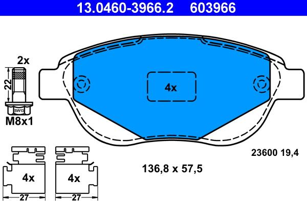 ATE 13.0460-3966.2 - Тормозные колодки, дисковые, комплект autospares.lv