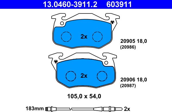 ATE 13.0460-3911.2 - Тормозные колодки, дисковые, комплект autospares.lv