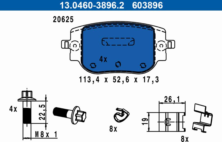 ATE 13.0460-3896.2 - Тормозные колодки, дисковые, комплект autospares.lv