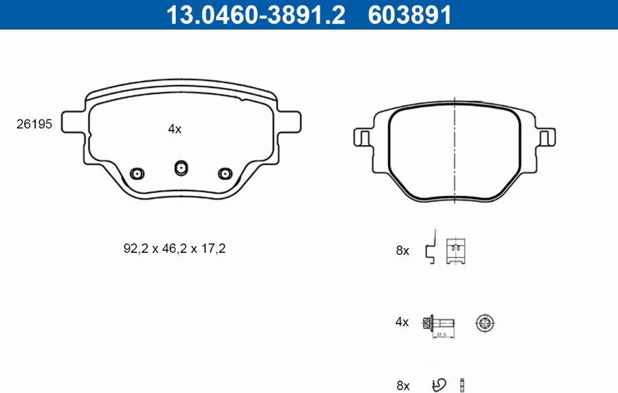 ATE 13.0460-3891.2 - Тормозные колодки, дисковые, комплект autospares.lv