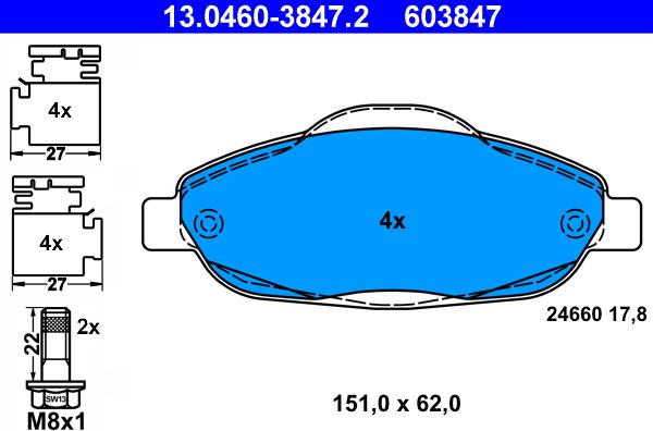 ATE 13.0460-3847.2 - Тормозные колодки, дисковые, комплект autospares.lv