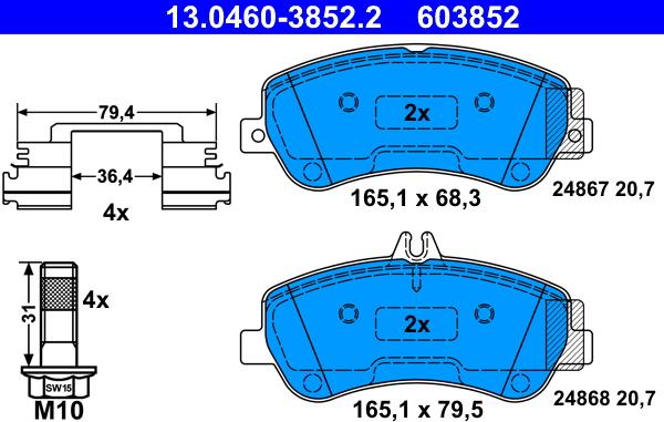 ATE 13.0460-3852.2 - Тормозные колодки, дисковые, комплект autospares.lv