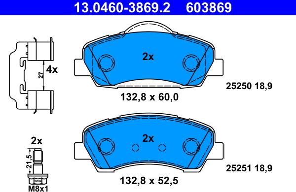 ATE 13.0460-3869.2 - Тормозные колодки, дисковые, комплект autospares.lv