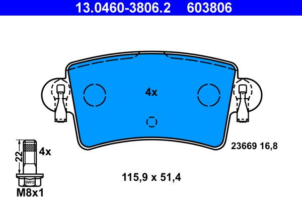 ATE 13.0460-3806.2 - Тормозные колодки, дисковые, комплект autospares.lv