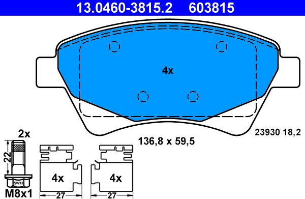 ATE 13.0460-3815.2 - Тормозные колодки, дисковые, комплект autospares.lv