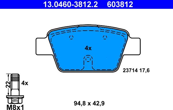 ATE 13.0460-3812.2 - Тормозные колодки, дисковые, комплект autospares.lv