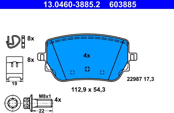 ATE 13.0460-3885.2 - Тормозные колодки, дисковые, комплект autospares.lv