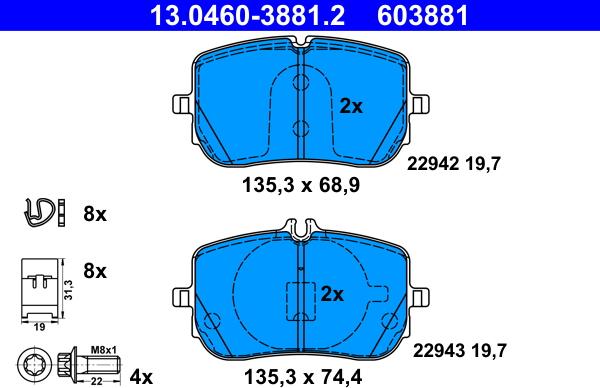 ATE 13.0460-3881.2 - Тормозные колодки, дисковые, комплект autospares.lv