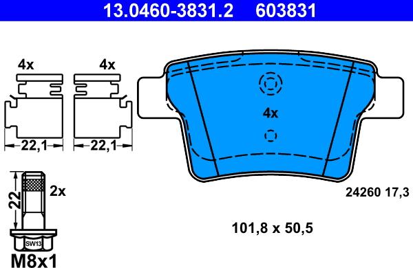 ATE 13.0460-3831.2 - Тормозные колодки, дисковые, комплект autospares.lv