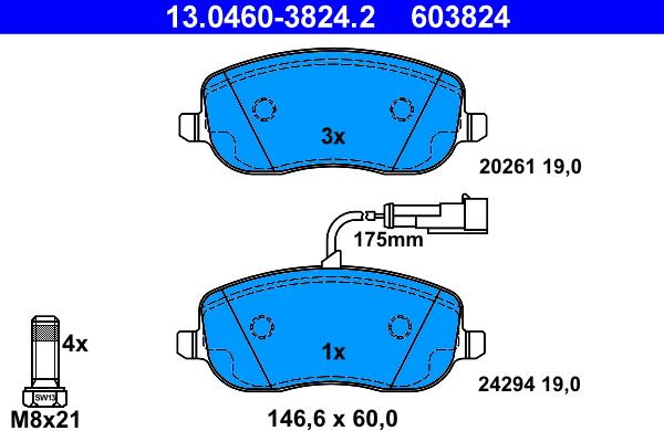 ATE 13.0460-3824.2 - Тормозные колодки, дисковые, комплект autospares.lv