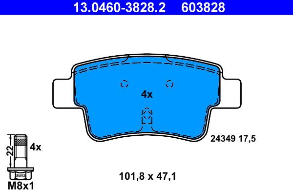 ATE 13.0460-3828.2 - Тормозные колодки, дисковые, комплект autospares.lv