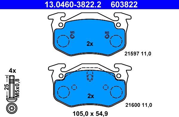 ATE 13.0460-3822.2 - Тормозные колодки, дисковые, комплект autospares.lv