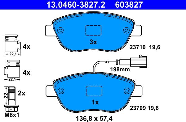 ATE 13.0460-3827.2 - Тормозные колодки, дисковые, комплект autospares.lv