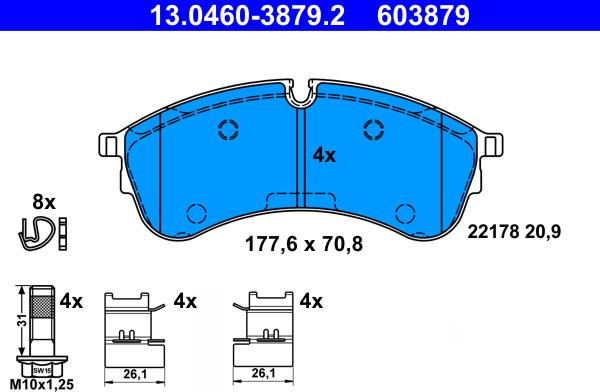 ATE 13.0460-3879.2 - Тормозные колодки, дисковые, комплект autospares.lv