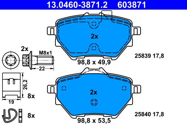 ATE 13.0460-3871.2 - Тормозные колодки, дисковые, комплект autospares.lv