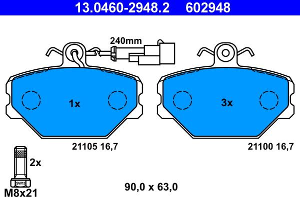 ATE 13.0460-2948.2 - Тормозные колодки, дисковые, комплект autospares.lv