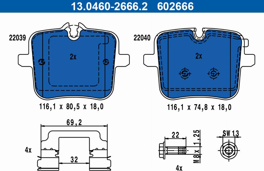 ATE 13.0460-2666.2 - Тормозные колодки, дисковые, комплект autospares.lv