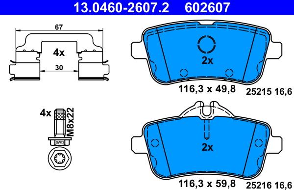 ATE 13.0460-2607.2 - Тормозные колодки, дисковые, комплект autospares.lv