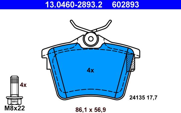 ATE 13.0460-2893.2 - Тормозные колодки, дисковые, комплект autospares.lv