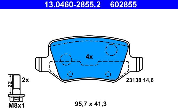 ATE 13.0460-2855.2 - Тормозные колодки, дисковые, комплект autospares.lv