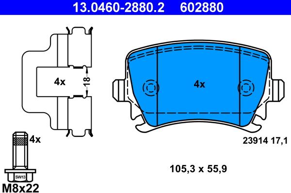 ATE 13.0460-2880.2 - Тормозные колодки, дисковые, комплект autospares.lv