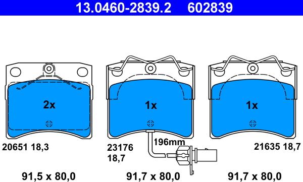 ATE 13.0460-2839.2 - Тормозные колодки, дисковые, комплект autospares.lv