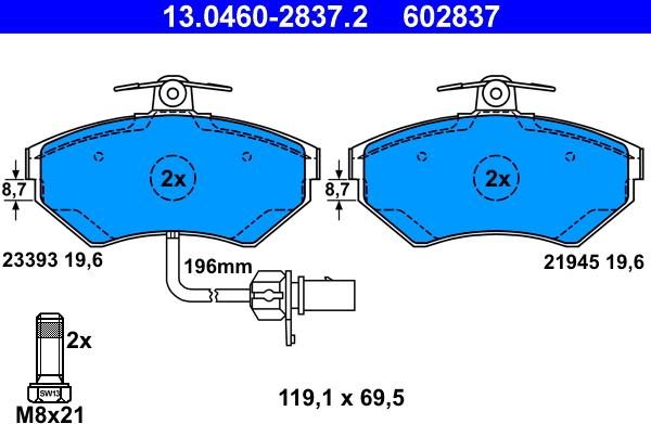 ATE 13.0460-2837.2 - Тормозные колодки, дисковые, комплект autospares.lv