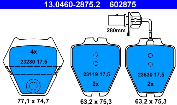 ATE 13.0460-2875.2 - Тормозные колодки, дисковые, комплект autospares.lv