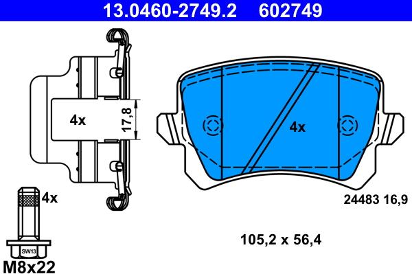 ATE 13.0460-2749.2 - Тормозные колодки, дисковые, комплект autospares.lv