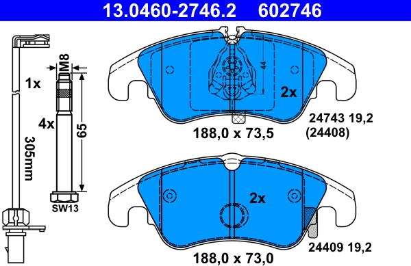 ATE 13.0460-2746.2 - Тормозные колодки, дисковые, комплект autospares.lv