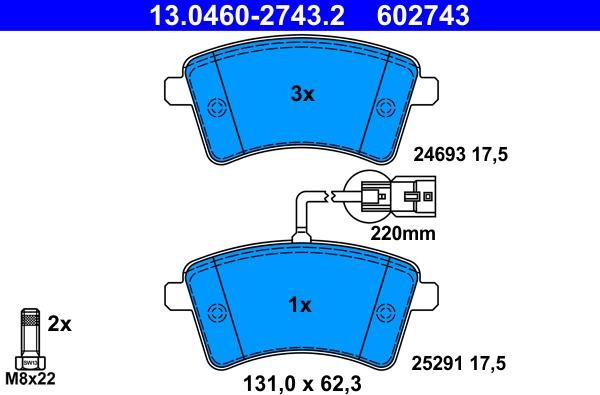 ATE 13.0460-2743.2 - Тормозные колодки, дисковые, комплект autospares.lv