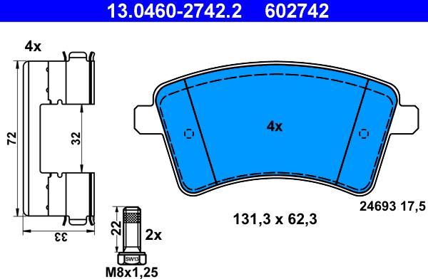 ATE 13.0460-2742.2 - Тормозные колодки, дисковые, комплект autospares.lv