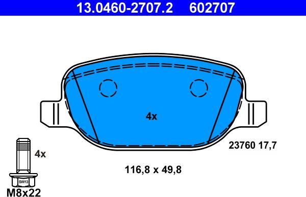 ATE 13.0460-2707.2 - Тормозные колодки, дисковые, комплект autospares.lv