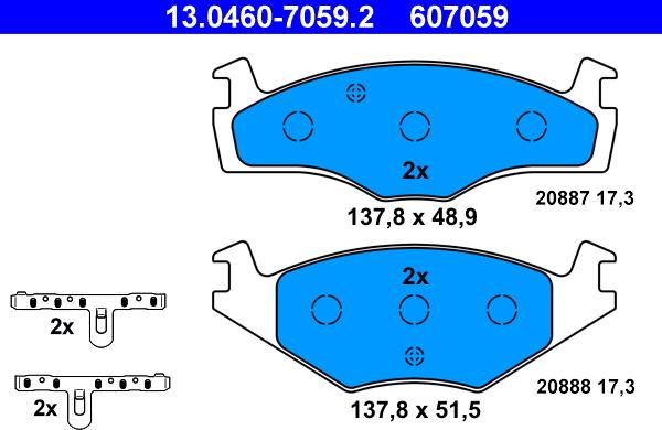 ATE 13.0460-7059.2 - Тормозные колодки, дисковые, комплект autospares.lv