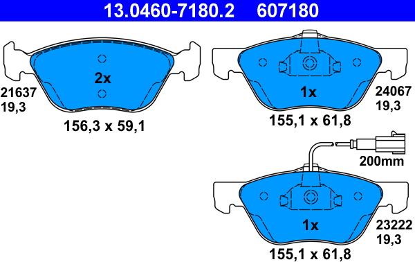 ATE 13.0460-7180.2 - Тормозные колодки, дисковые, комплект autospares.lv