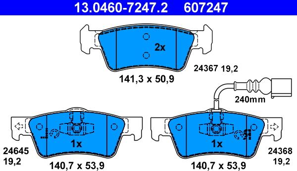 ATE 13.0460-7247.2 - Тормозные колодки, дисковые, комплект autospares.lv