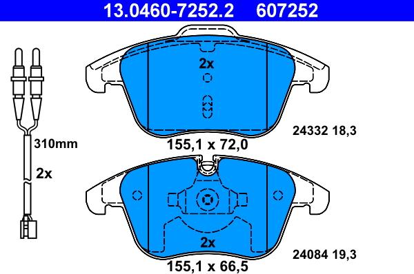 ATE 13.0460-7252.2 - Тормозные колодки, дисковые, комплект autospares.lv