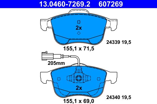 ATE 13.0460-7269.2 - Тормозные колодки, дисковые, комплект autospares.lv