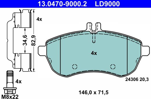 ATE 13.0470-9000.2 - Тормозные колодки, дисковые, комплект autospares.lv