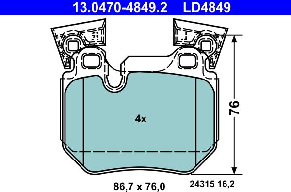 ATE 13.0470-4849.2 - Тормозные колодки, дисковые, комплект autospares.lv