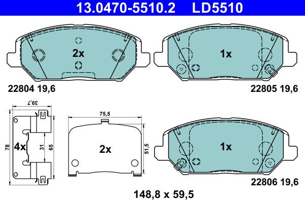 ATE 13.0470-5510.2 - Тормозные колодки, дисковые, комплект autospares.lv