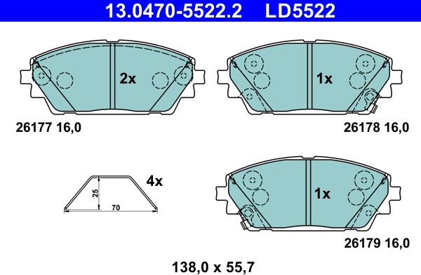 ATE 13.0470-5522.2 - Тормозные колодки, дисковые, комплект autospares.lv