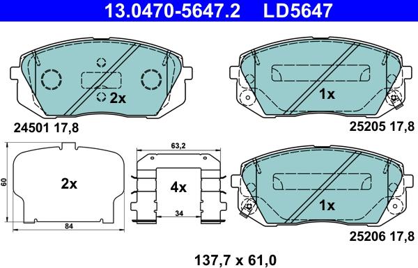 ATE 13.0470-5647.2 - Тормозные колодки, дисковые, комплект autospares.lv