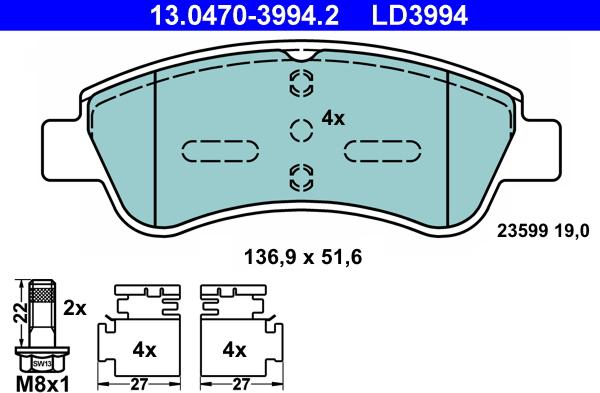 ATE 13.0470-3994.2 - Тормозные колодки, дисковые, комплект autospares.lv