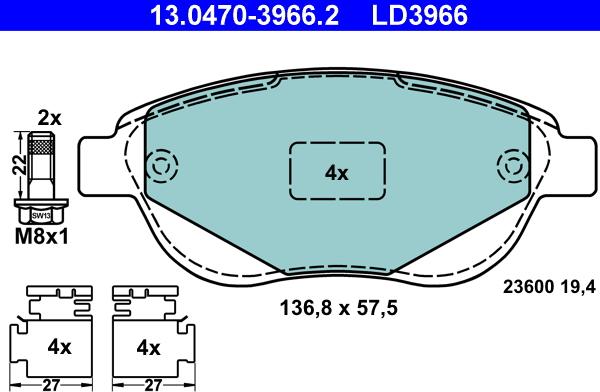 ATE 13.0470-3966.2 - Тормозные колодки, дисковые, комплект autospares.lv